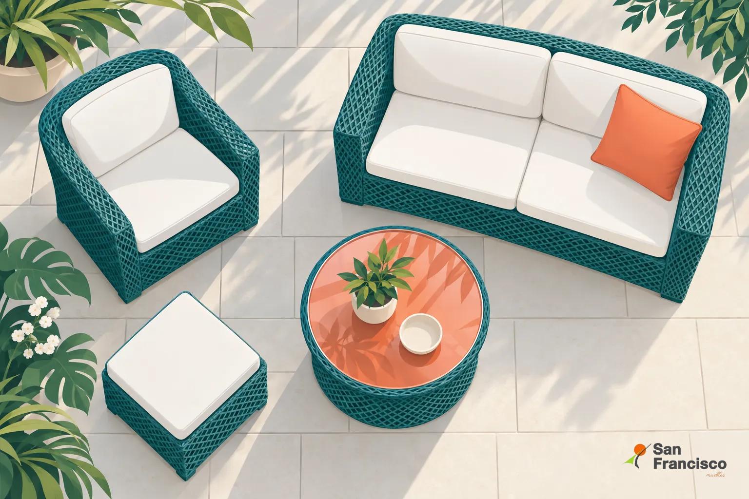 Conjunto de jardín de ratán sintético en color turquesa con cojines blancos y una mesa circular naranja con planta y taza.