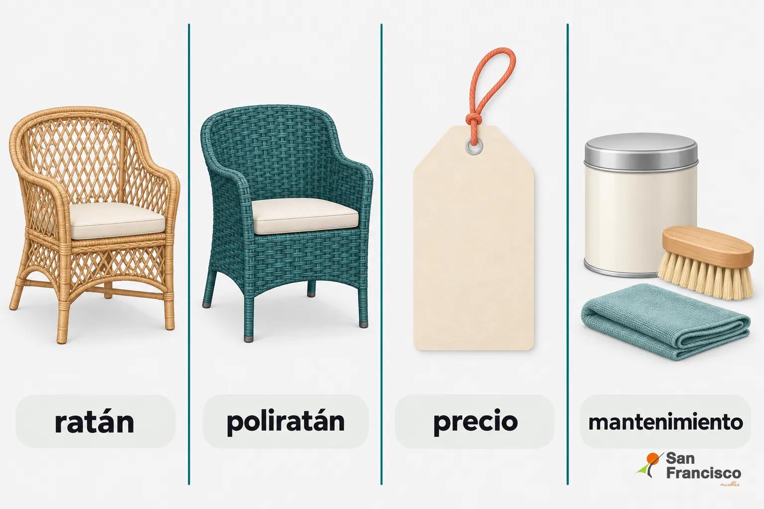 Una fotografía con tres objetos: una silla de ratán, una silla de poliratán y un conjunto de productos de precio y