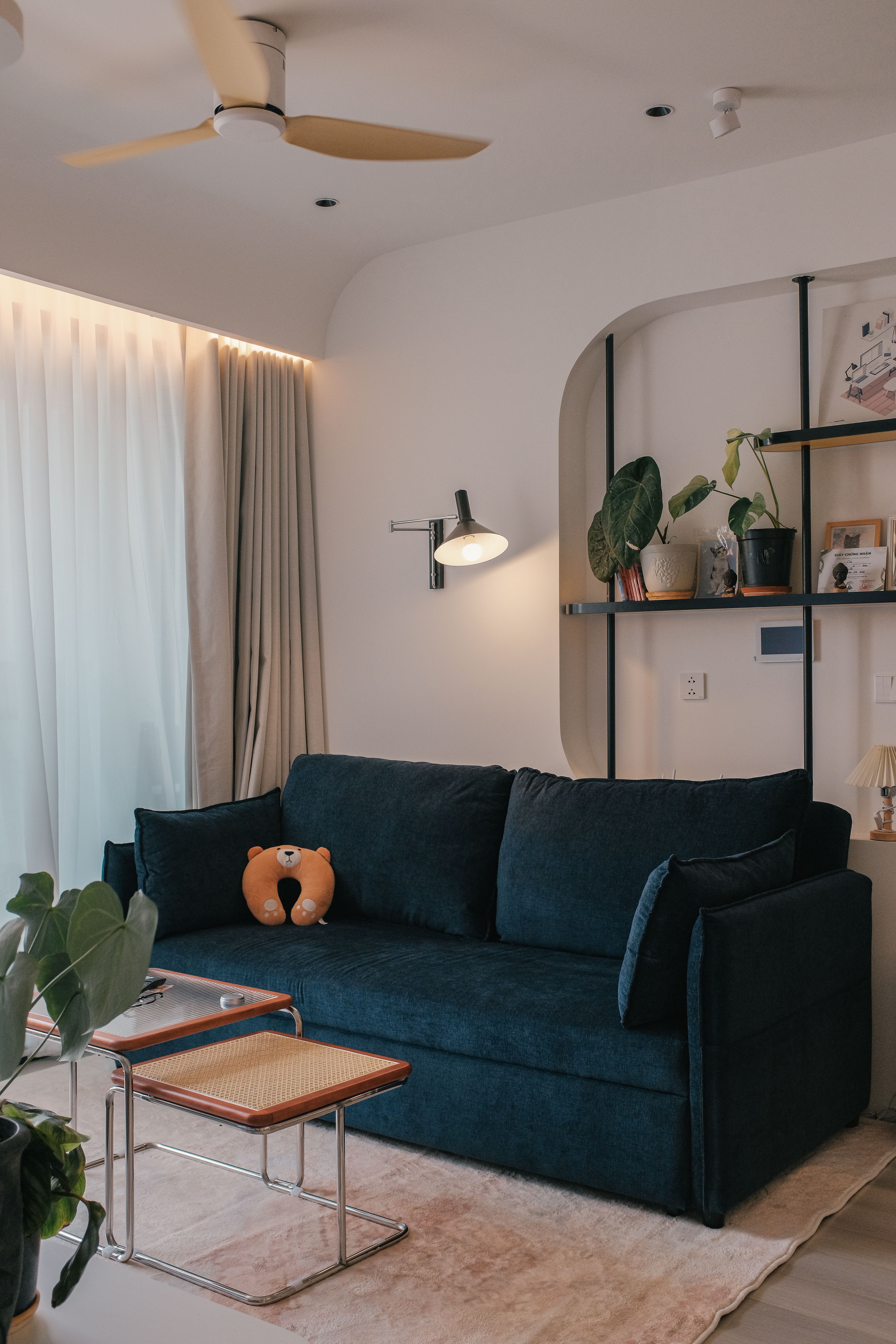 Salón cuadrado con sofá azul oscuro y estantería curva, con plantas y luz natural desde la ventana.