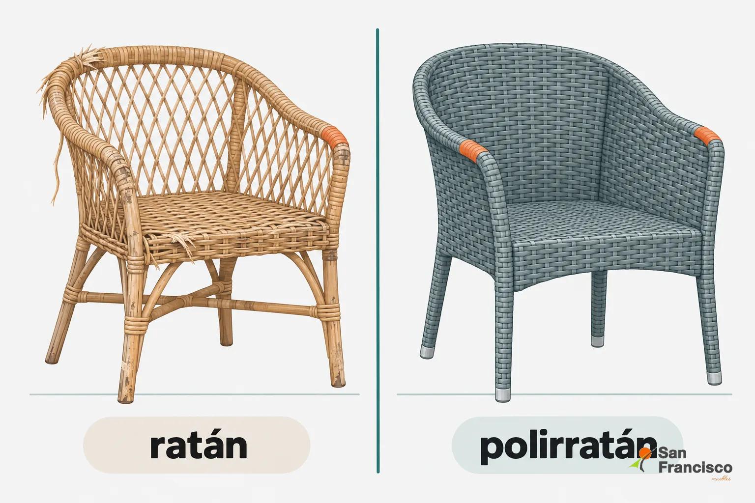 Silla de exterior de ratán y silla de exterior de polirratán separadas por una línea vertical.