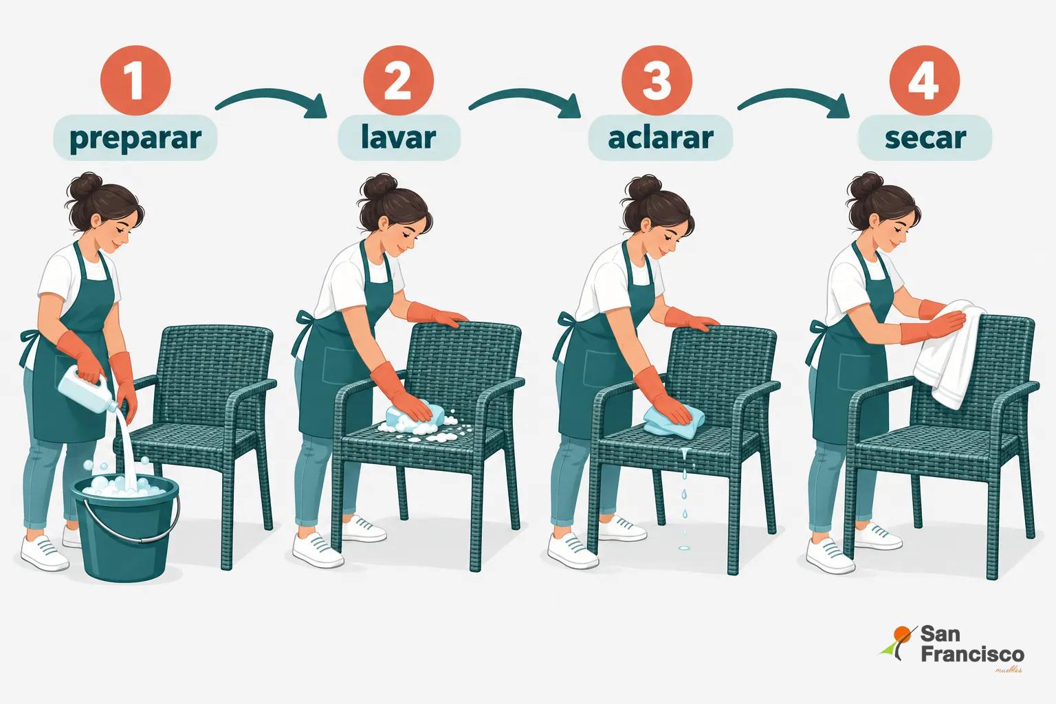 Una mujer limpia una silla de ratán sintético con un balde y una esponja siguiendo los pasos de preparar, lavar, aclarar y