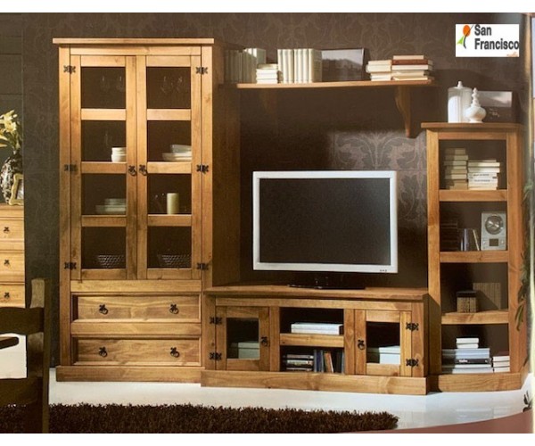 Muebles salón rústico de madera con mesa TV, librería y vitrina