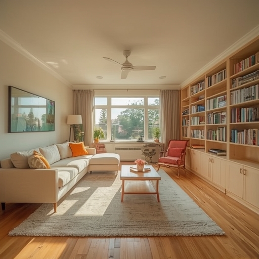 Sala de estar luminosa con sofá beige, sillón naranja, mesa de café y estanterías altas llenas de libros junto a una ventana